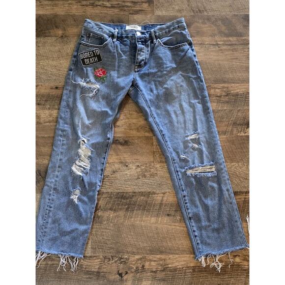 PacSun Patched Girlfriend Cropped Jeans Women's Size 26 MidRise Frayed Hem - Picture 2 of 8